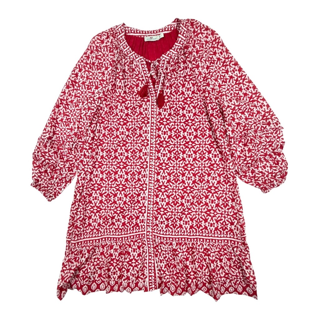 Vineyard Vines Red White Geometric Print Tassel Boho Tunic Dress Womens Large